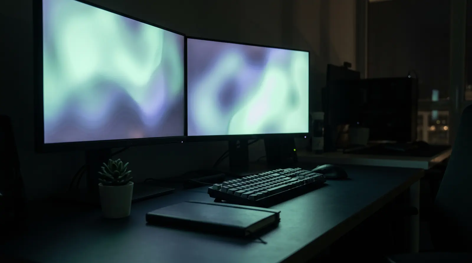 A dark office desk at night with two monitors glowing softly, a keyboard, a notebook and a small plant.